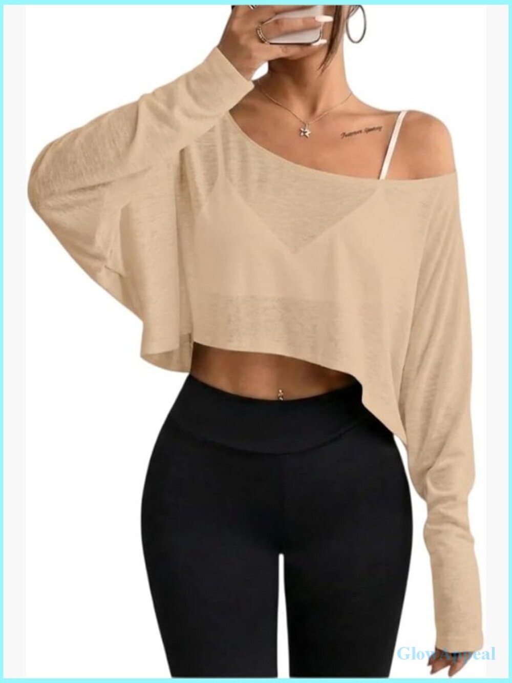 Off Shoulder Mesh Crop Top Sheer Long Sleeve Sexy Casual Blouse